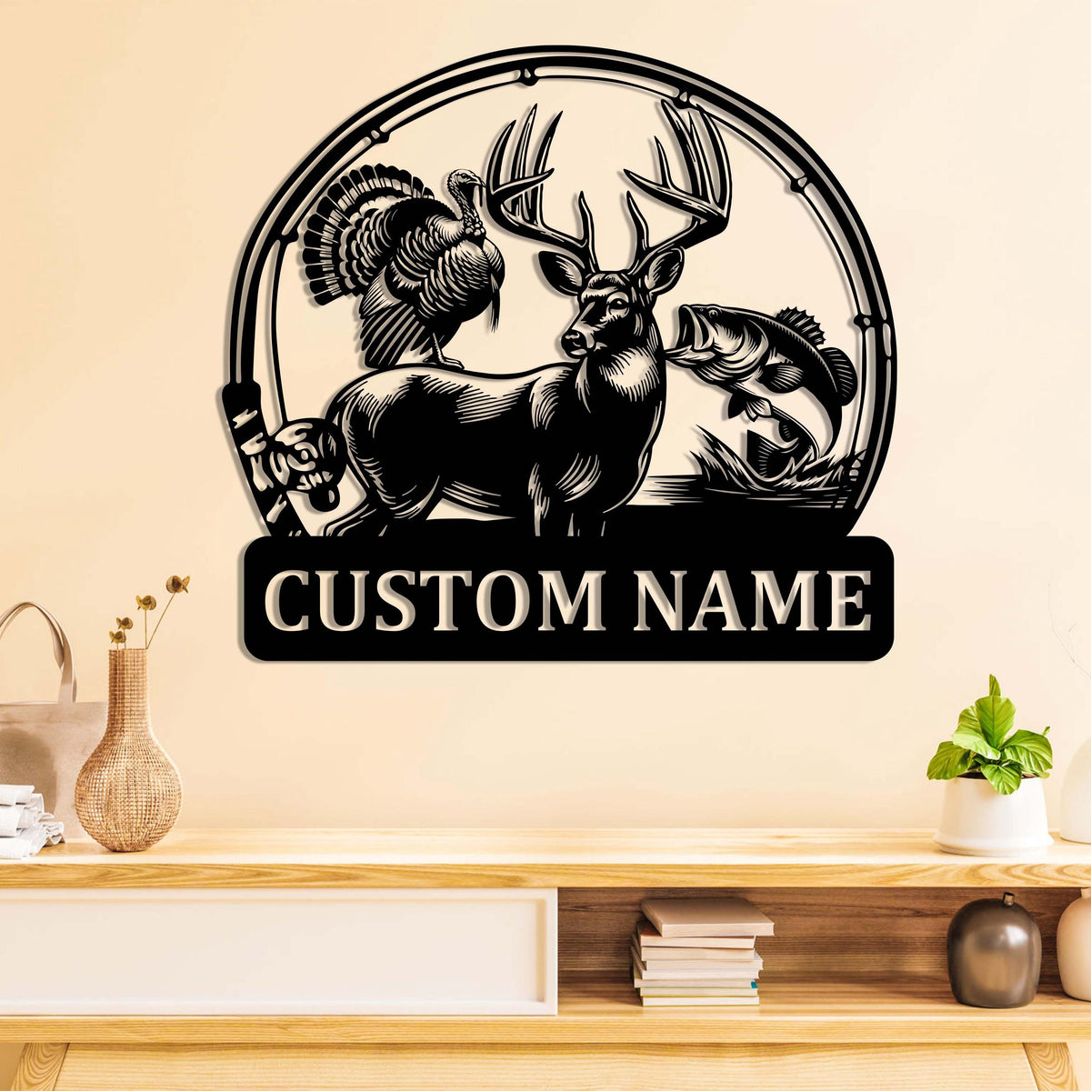 Custom Deer Turkey And Bass Fishing Metal Wall Art LED Light, Personalized Hunter Name Sign Home Decor,Hunting Sign,Hunter Gift,Gift for him