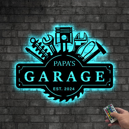 Personalized Garage Metal Wall Decor Led lights, Papas Work Shop Metal Sign Garage Sign, Birthday Gift for Dad Christmas Gift Garage Decor