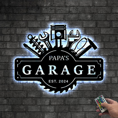 Personalized Garage Metal Wall Decor Led lights, Papas Work Shop Metal Sign Garage Sign, Birthday Gift for Dad Christmas Gift Garage Decor