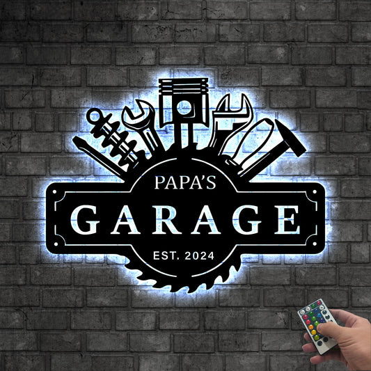 Personalized Garage Metal Wall Decor Led lights, Papas Work Shop Metal Sign Garage Sign, Birthday Gift for Dad Christmas Gift Garage Decor