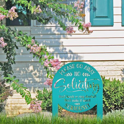 No Soliciting Yard Stake - Funny Metal Sign for Home Decor - Outdoor Garden Decoration - Please Go Away Signs - Unique Housewarming Gifts
