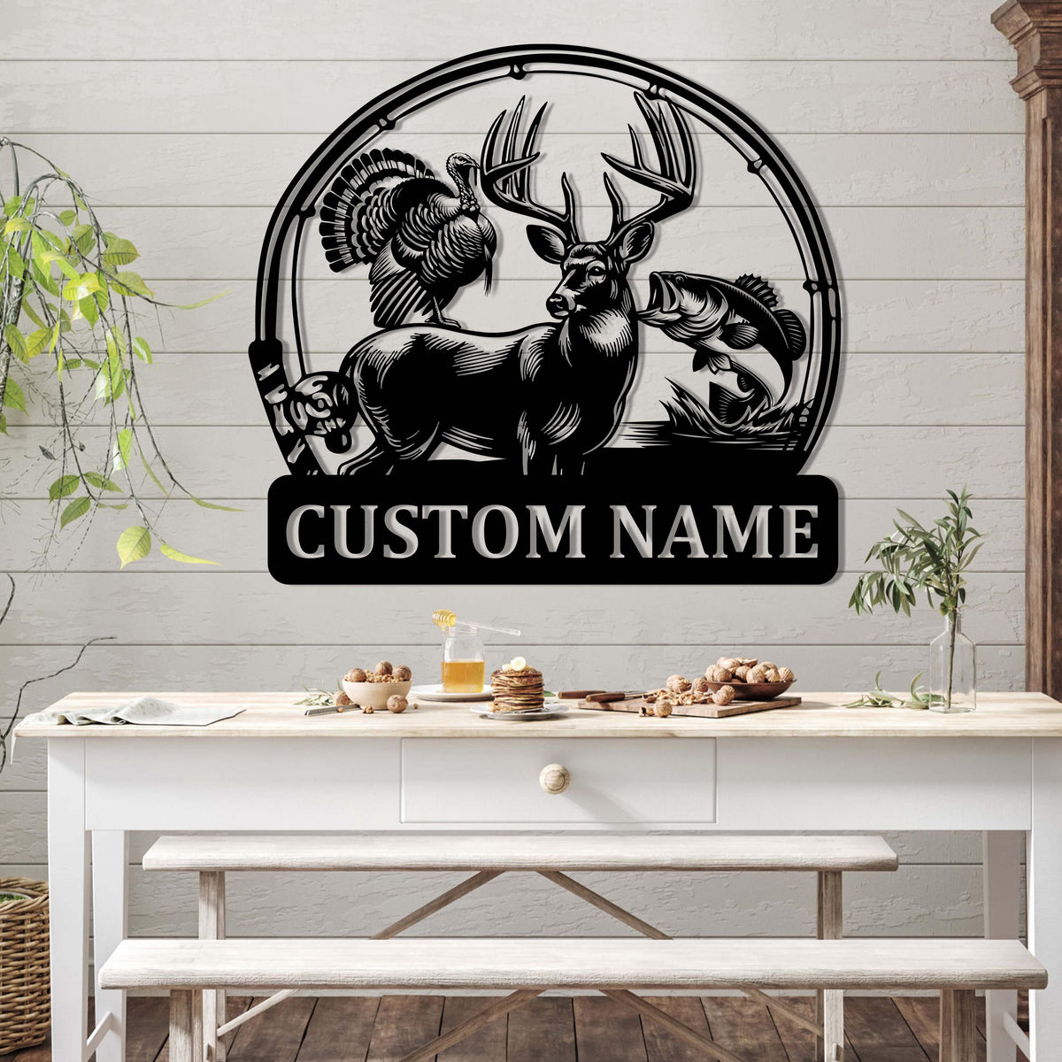 Custom Deer Turkey And Bass Fishing Metal Wall Art LED Light, Personalized Hunter Name Sign Home Decor,Hunting Sign,Hunter Gift,Gift for him