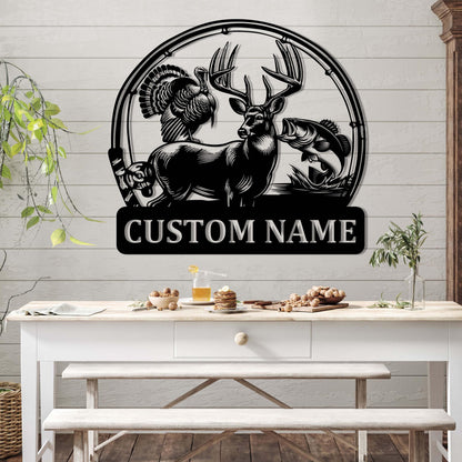 Custom Deer Turkey And Bass Fishing Metal Wall Art LED Light, Personalized Hunter Name Sign Home Decor,Hunting Sign,Hunter Gift,Gift for him