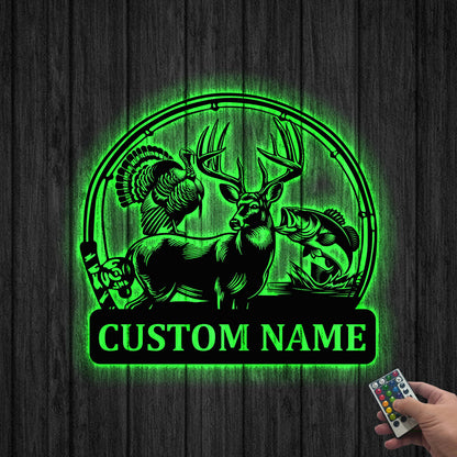 Custom Deer Turkey And Bass Fishing Metal Wall Art LED Light, Personalized Hunter Name Sign Home Decor,Hunting Sign,Hunter Gift,Gift for him
