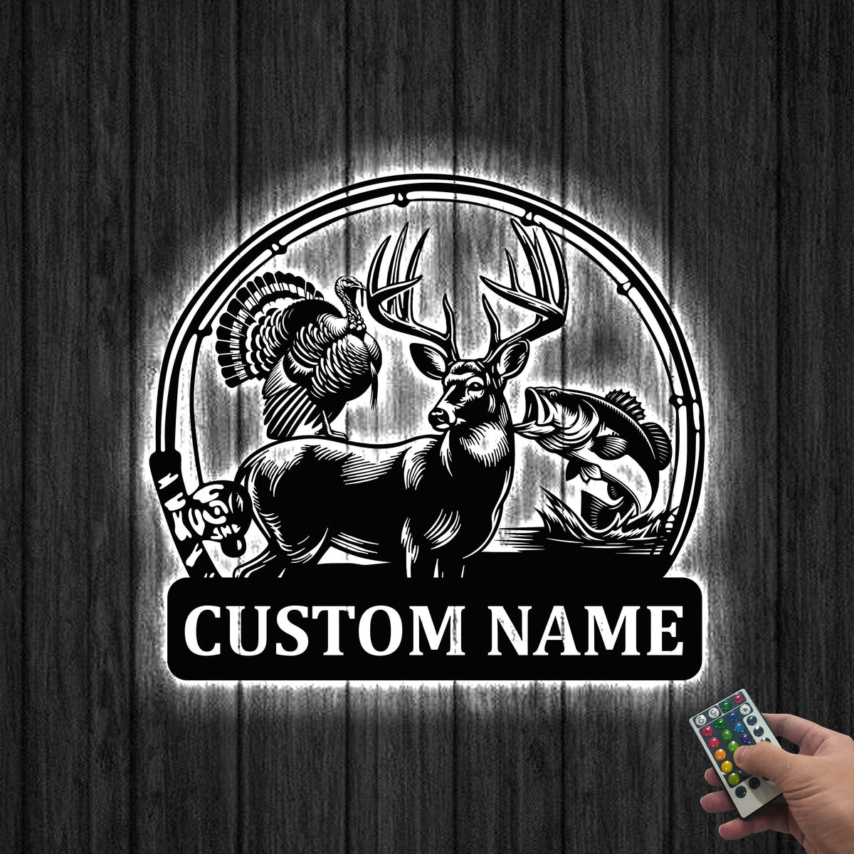 Custom Deer Turkey And Bass Fishing Metal Wall Art LED Light, Personalized Hunter Name Sign Home Decor,Hunting Sign,Hunter Gift,Gift for him