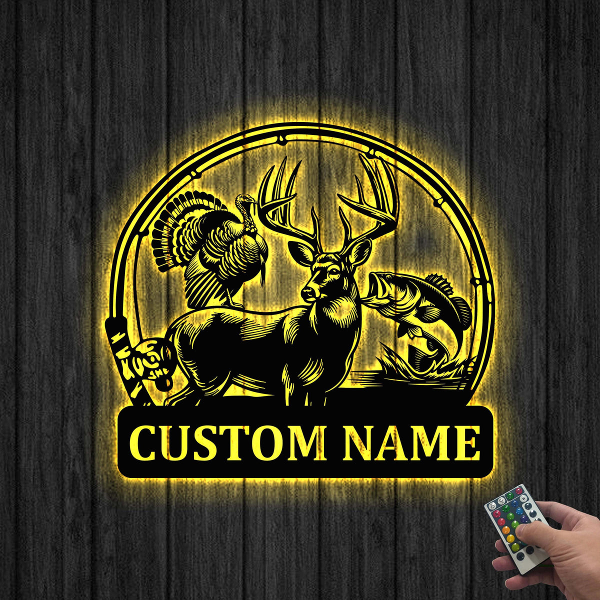 Custom Deer Turkey And Bass Fishing Metal Wall Art LED Light, Personalized Hunter Name Sign Home Decor,Hunting Sign,Hunter Gift,Gift for him