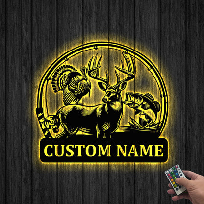 Custom Deer Turkey And Bass Fishing Metal Wall Art LED Light, Personalized Hunter Name Sign Home Decor,Hunting Sign,Hunter Gift,Gift for him