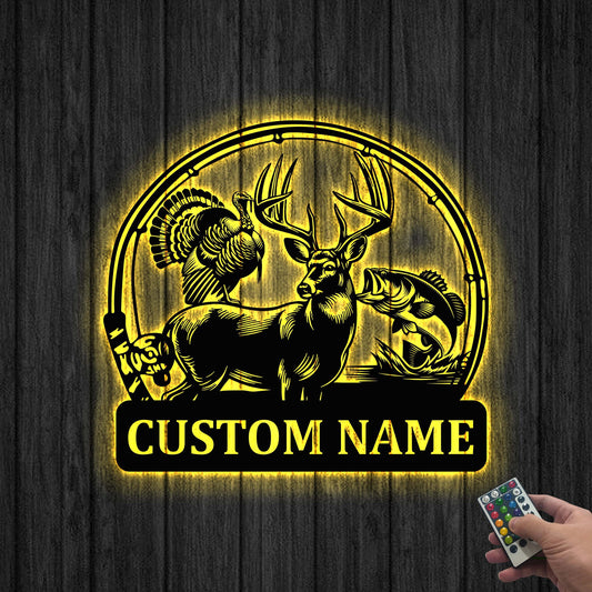 Custom Deer Turkey And Bass Fishing Metal Wall Art LED Light, Personalized Hunter Name Sign Home Decor,Hunting Sign,Hunter Gift,Gift for him