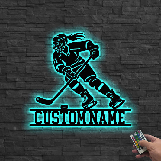 Personalized Hockey Metal Wall Art LED Light,Hockey Metal Sign,Hockey Stick Metal Wall Art,Hockey Player Name Sign, Hockey Sign Gift for her