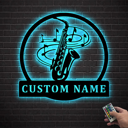 Custom Musical Instrument Metal Wall Art LED Light Personalized Saxophone Player Name Sign Home Decor Jazz Music Classical Room Decoration