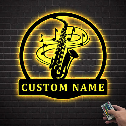 Custom Musical Instrument Metal Wall Art LED Light Personalized Saxophone Player Name Sign Home Decor Jazz Music Classical Room Decoration