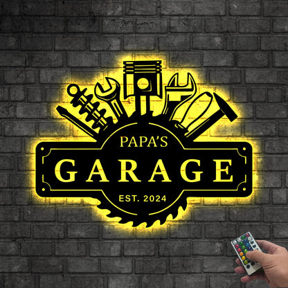 Personalized Garage Metal Wall Decor Led lights, Papas Work Shop Metal Sign Garage Sign, Birthday Gift for Dad Christmas Gift Garage Decor