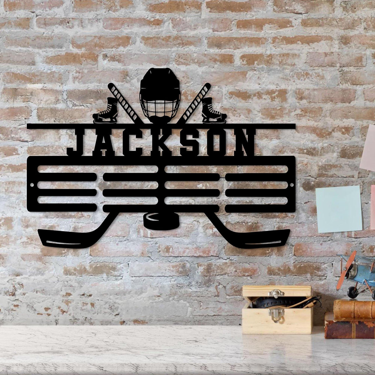 Custom Metal Hockey Medal Hanger Wall Art Led Light,1Hockey Player Medal Holder, 12 Rungs for Medals & Ribbons, Medal Display Awards