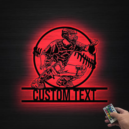 Personalized Baseball Catcher Metal Wall Art Led Lights, Metal Baseball Sign, Baseball Player, Gift For Kid, Game Room Decor, Xmas Gift