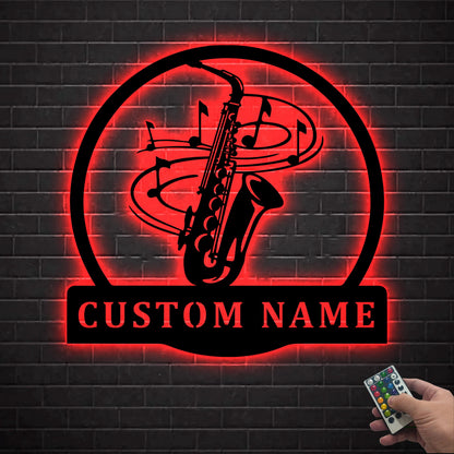 Custom Musical Instrument Metal Wall Art LED Light Personalized Saxophone Player Name Sign Home Decor Jazz Music Classical Room Decoration