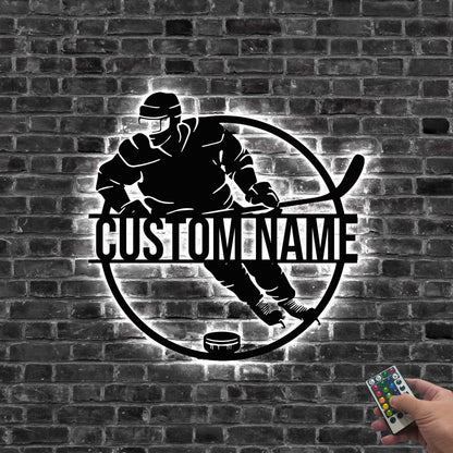 Custom Ice Hockey Metal Wall Art LED Light Personalized Metal Hockey Sign Home Decor Kid Nursery Decor Christmas Gift Hockey Player Gift