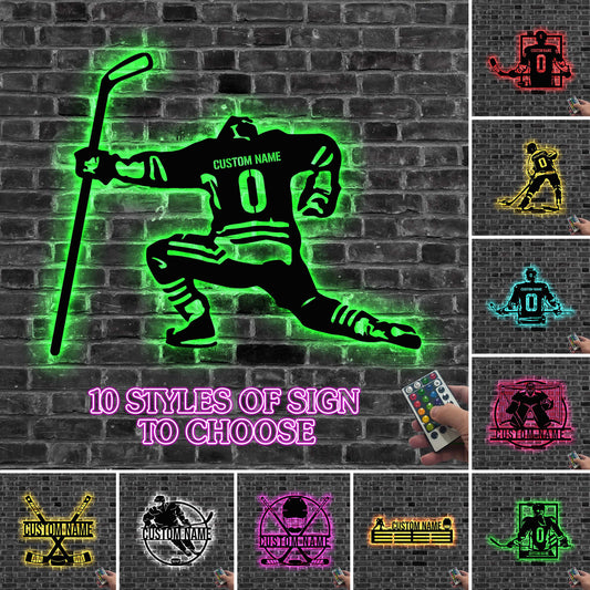 Custom Ice Hockey Metal Wall Art LED Light Personalized Metal Hockey Sign Home Decor Kid Nursery Decor Christmas Gift Hockey Player Gift