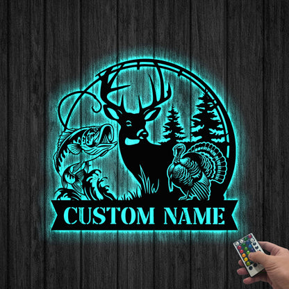 Custom Deer Turkey Hunting Metal Sign Led Lights, Hunter Name Sign,Deer Turkey Bass Fishing Sign,Cabin Decor,Birthday Christmas Gift for Dad