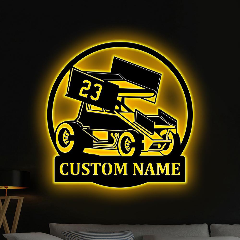 Custom Sprint Car Metal Wall Art LED Lights, Personalized Sprint Car Metal Signs, Garage Metal Wall Decor, Sprint Car Wall Hanging Xmas Gift