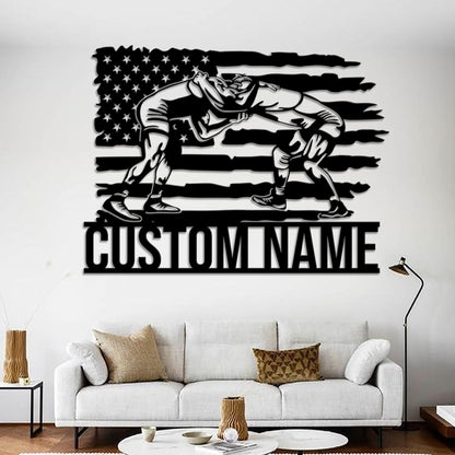 Custom US Flag Wrestling Metal Wall Art Led Light, Wrestler Name Sign, Wrestling Gift, Xmas Birthday Gift for Dad, Wrestling Sign Home Decor