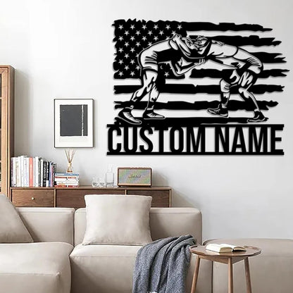 Custom US Flag Wrestling Metal Wall Art Led Light, Wrestler Name Sign, Wrestling Gift, Xmas Birthday Gift for Dad, Wrestling Sign Home Decor