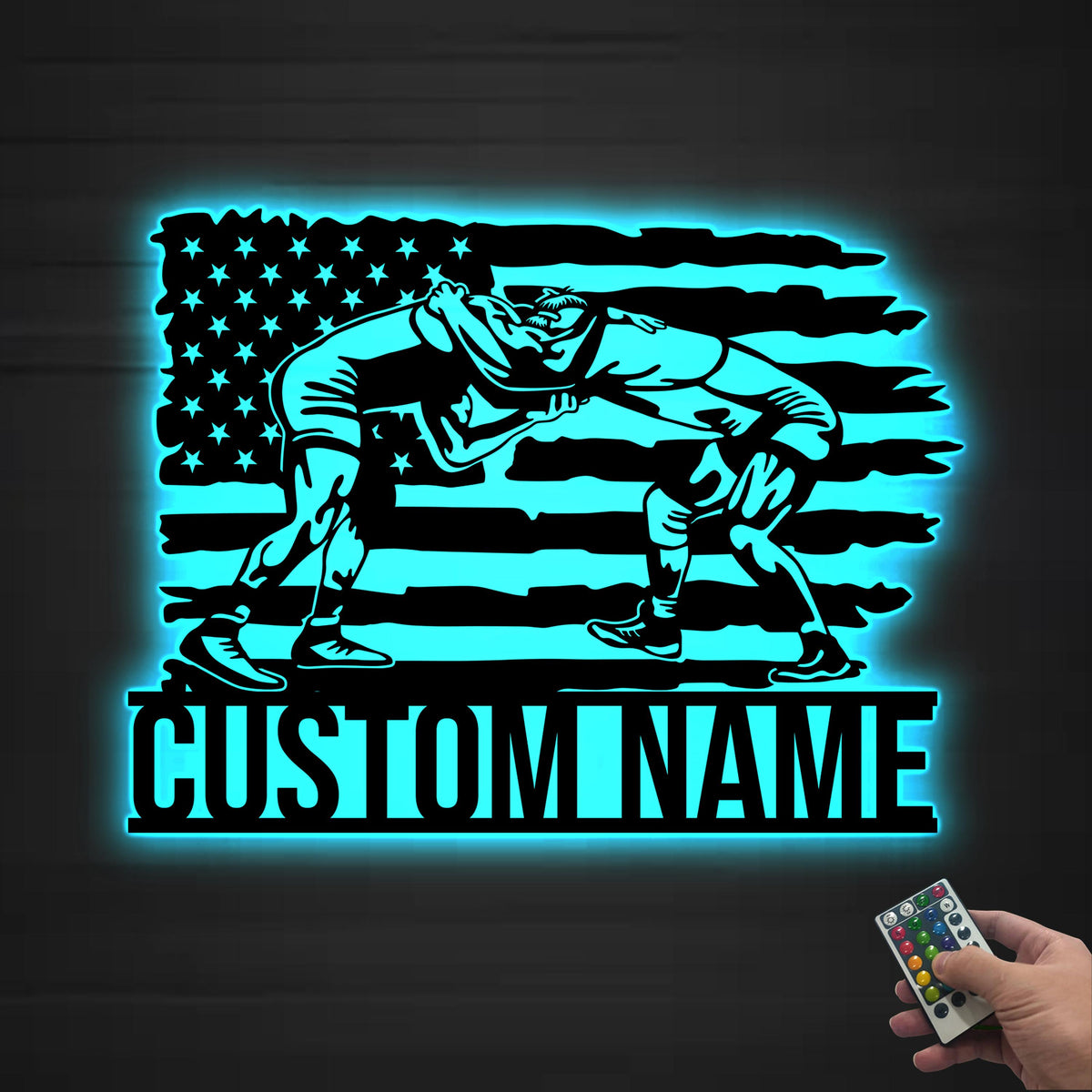 Custom US Flag Wrestling Metal Wall Art Led Light, Wrestler Name Sign, Wrestling Gift, Xmas Birthday Gift for Dad, Wrestling Sign Home Decor