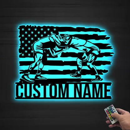 Custom US Flag Wrestling Metal Wall Art Led Light, Wrestler Name Sign, Wrestling Gift, Xmas Birthday Gift for Dad, Wrestling Sign Home Decor