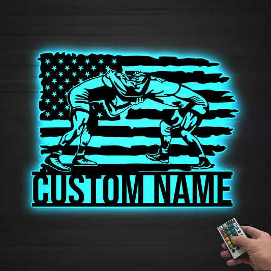Custom US Flag Wrestling Metal Wall Art Led Light, Wrestler Name Sign, Wrestling Gift, Xmas Birthday Gift for Dad, Wrestling Sign Home Decor