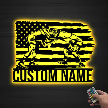 Custom US Flag Wrestling Metal Wall Art Led Light, Wrestler Name Sign, Wrestling Gift, Xmas Birthday Gift for Dad, Wrestling Sign Home Decor