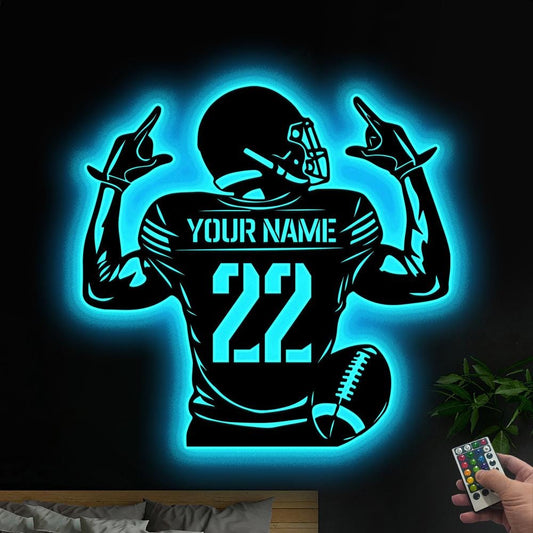 Custom US Football Player Metal Wall Art Led Lights,Personalized Football Player Name Sign Decoration For Room,Football Sign Xmas Gift