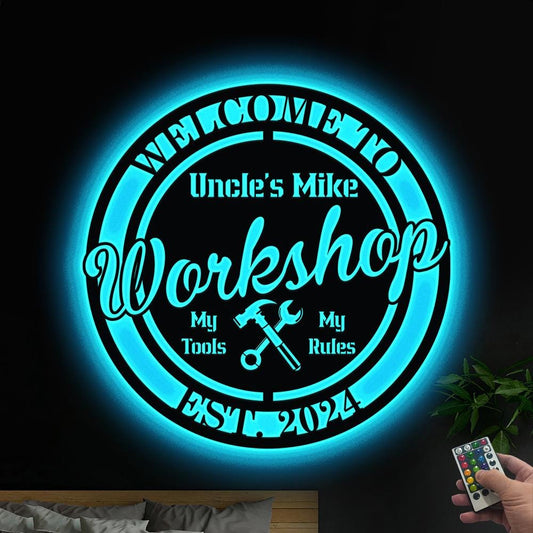 Custom Papa's Work Shop Sign LED Lights, Workshop Metal Sign, Xmas Gift for Dad Garage Sign, Grandpa Gift Man Cave Decor Workshop Decor