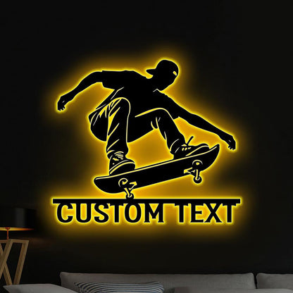 Custom Skateboarding Metal Wall Art Led Light, Personalized Skateboarding Player Name Sign Home Decor, Xmas Gift For Son Boyfriend
