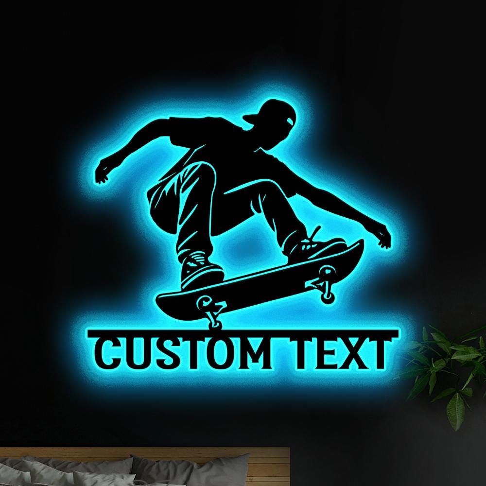 Custom Skateboarding Metal Wall Art Led Light, Personalized Skateboarding Player Name Sign Home Decor, Xmas Gift For Son Boyfriend