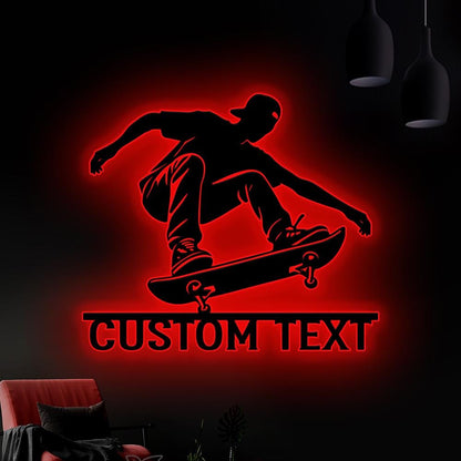 Custom Skateboarding Metal Wall Art Led Light, Personalized Skateboarding Player Name Sign Home Decor, Xmas Gift For Son Boyfriend