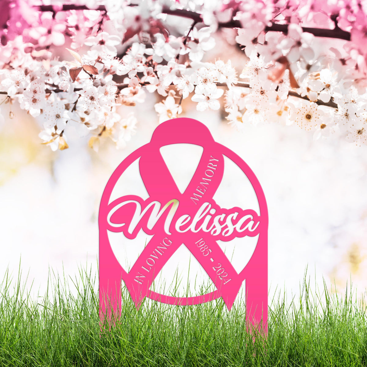 Unique Memorial Sign with Cancer Ribbon – Custom Tribute Metal Art - In Loving Memory Gravesite Decoration - Personalized Memorial Stakes