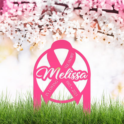Unique Memorial Sign with Cancer Ribbon – Custom Tribute Metal Art - In Loving Memory Gravesite Decoration - Personalized Memorial Stakes