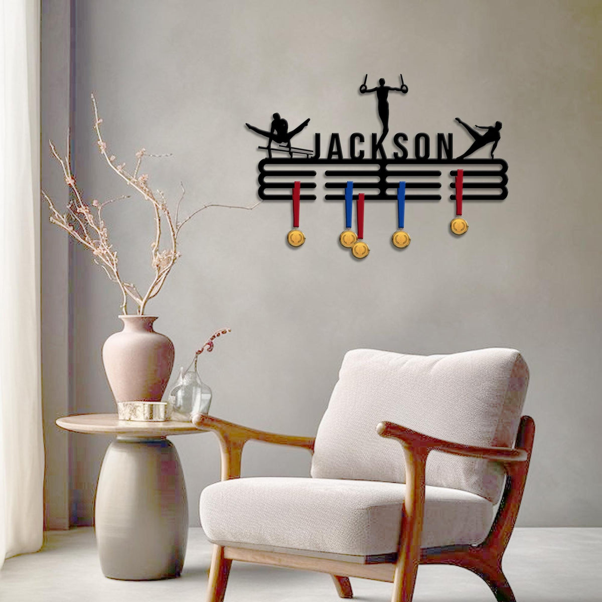 Custom Man Gymnastic Medal Hanger Metal Wall Art LED Light, Boy Gymnastic Name Sign, Medal Holder, Home Decor Gift for him Gymnastic sign