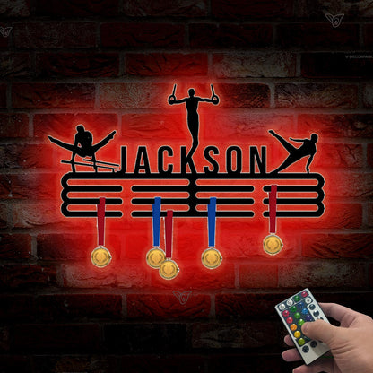 Custom Man Gymnastic Medal Hanger Metal Wall Art LED Light, Boy Gymnastic Name Sign, Medal Holder, Home Decor Gift for him Gymnastic sign