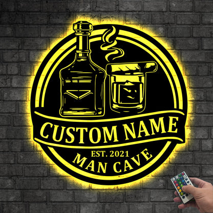 Custom Bourbon Cigar Metal Wall Art LED Light Personalized Whiskey Smoke Sign Home Bar Pub Decor Cocktail Decoration Man Cave Christmas Gift