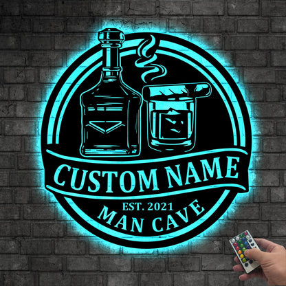 Custom Bourbon Cigar Metal Wall Art LED Light Personalized Whiskey Smoke Sign Home Bar Pub Decor Cocktail Decoration Man Cave Christmas Gift