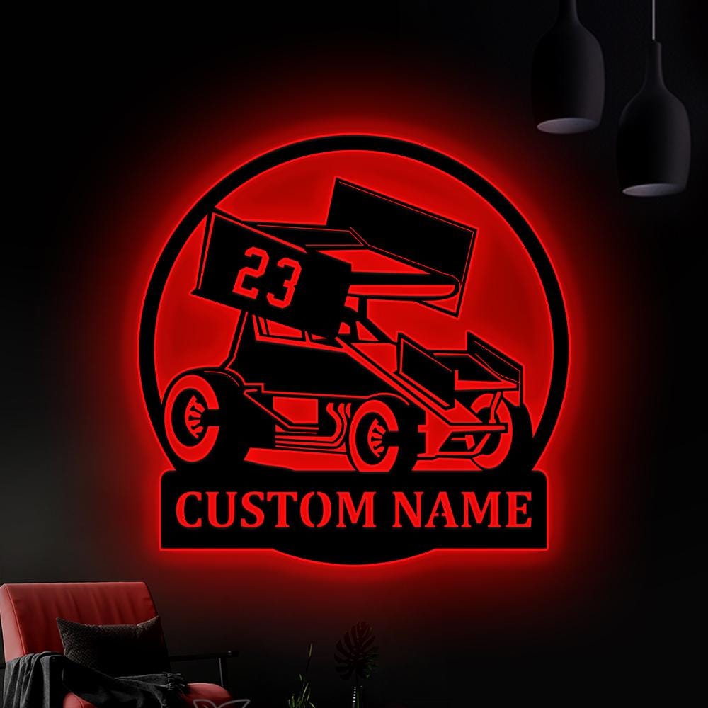 Custom Sprint Car Metal Wall Art LED Lights, Personalized Sprint Car Metal Signs, Garage Metal Wall Decor, Sprint Car Wall Hanging Xmas Gift