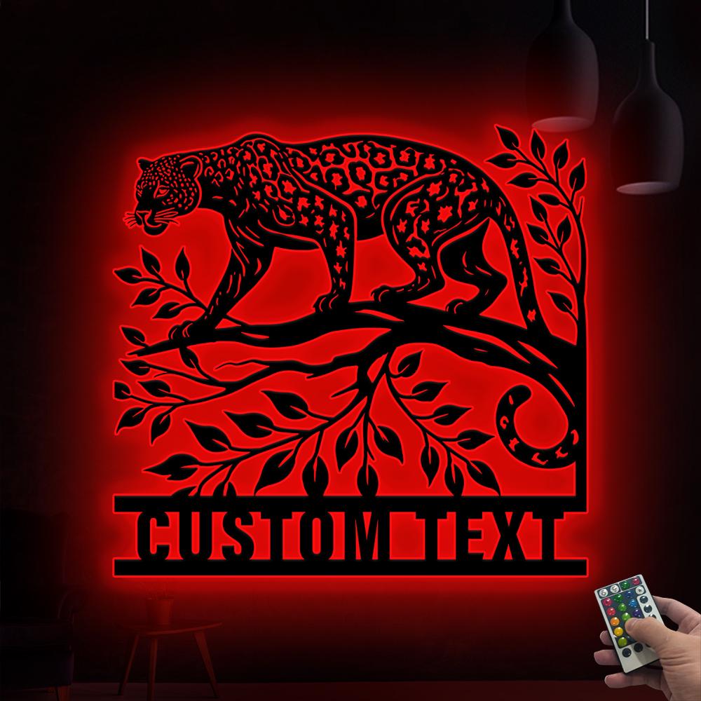 Personalized Jaguar Metal Wall Art LED Light Custom Wild Animal Lover Name Sign Home Decor Kid Nursery Decoration Christmas Birthday Gift
