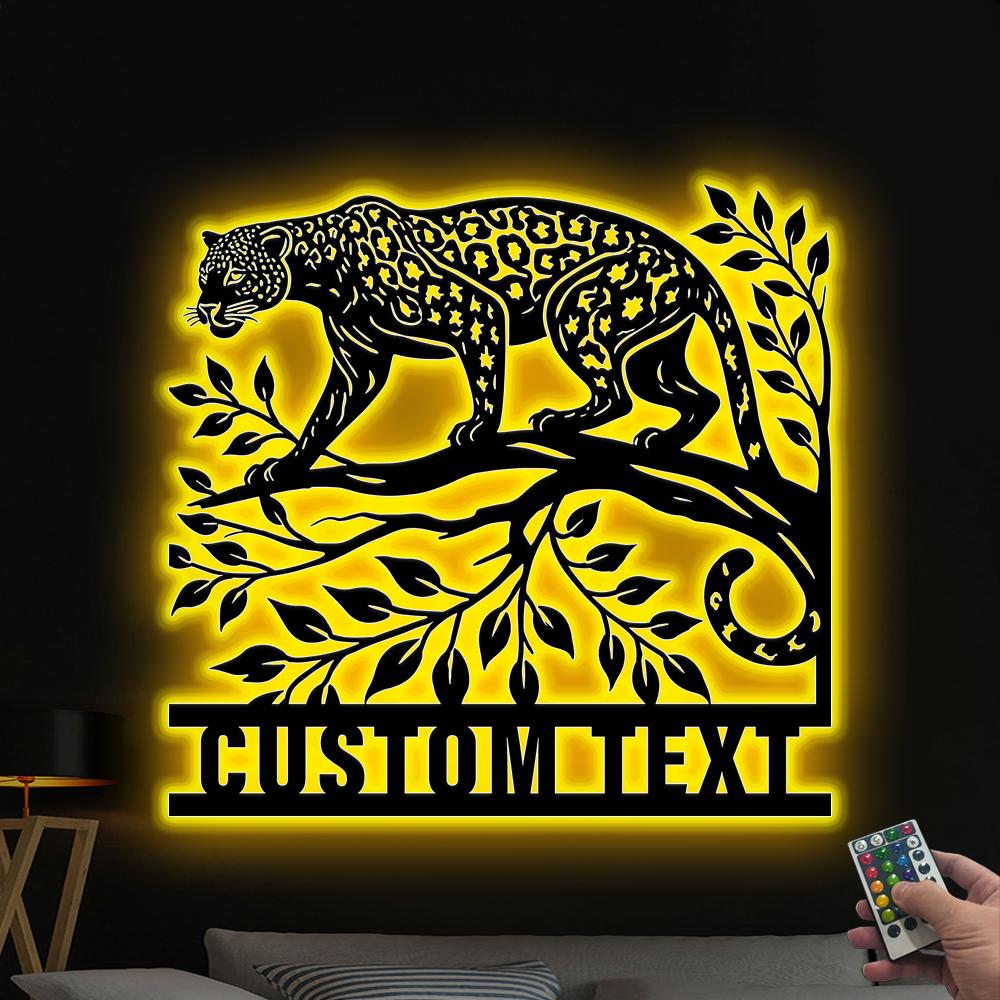 Personalized Jaguar Metal Wall Art LED Light Custom Wild Animal Lover Name Sign Home Decor Kid Nursery Decoration Christmas Birthday Gift