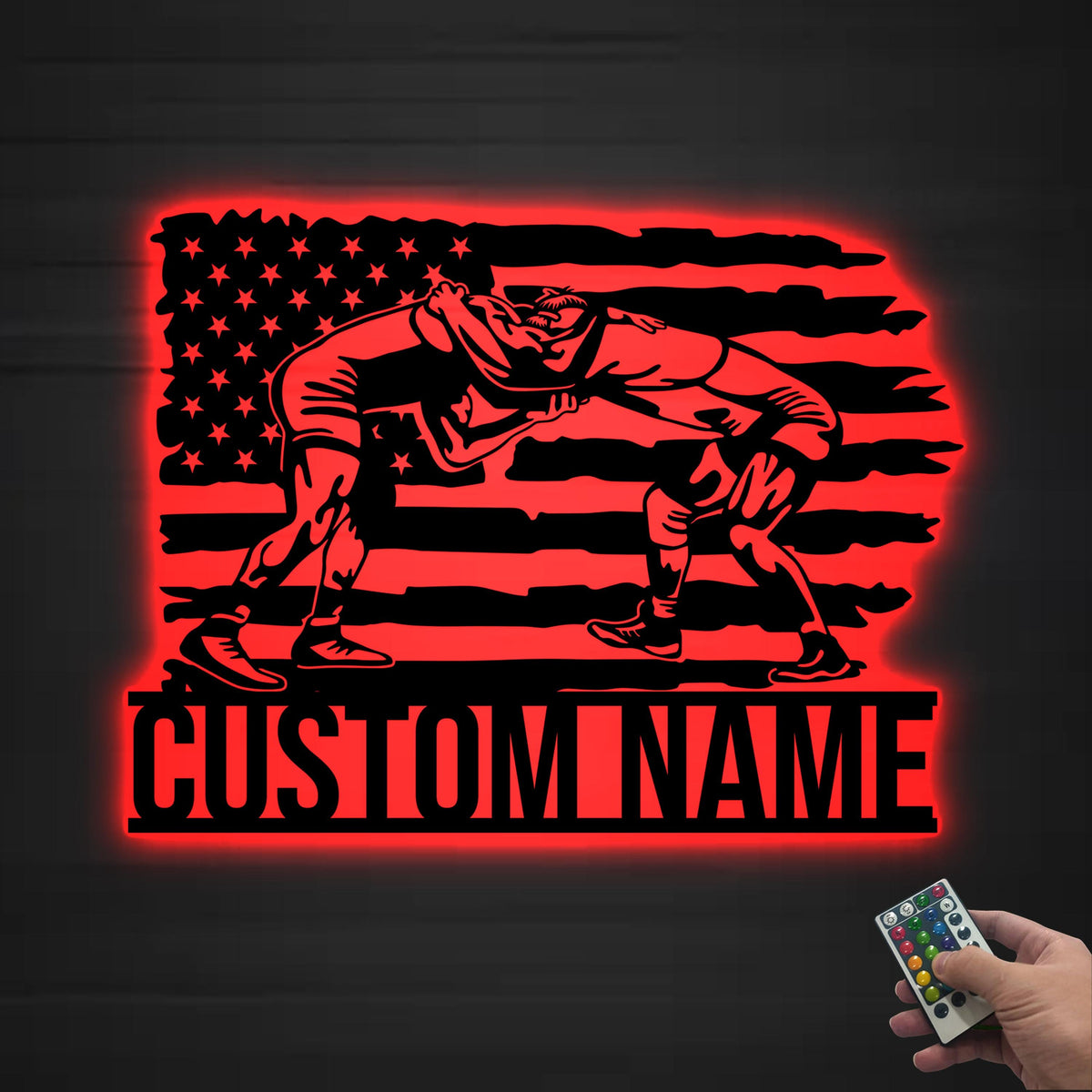 Custom US Flag Wrestling Metal Wall Art Led Light, Wrestler Name Sign, Wrestling Gift, Xmas Birthday Gift for Dad, Wrestling Sign Home Decor
