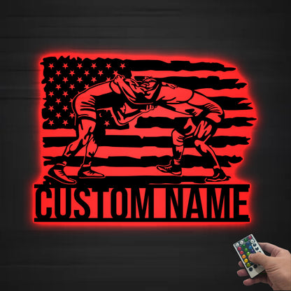 Custom US Flag Wrestling Metal Wall Art Led Light, Wrestler Name Sign, Wrestling Gift, Xmas Birthday Gift for Dad, Wrestling Sign Home Decor