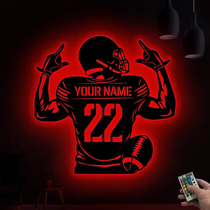 Custom US Football Player Metal Wall Art Led Lights,Personalized Football Player Name Sign Decoration For Room,Football Sign Xmas Gift