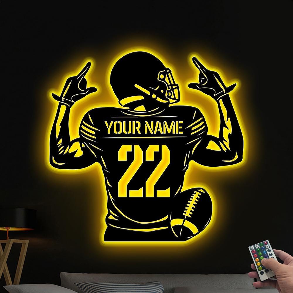Custom US Football Player Metal Wall Art Led Lights,Personalized Football Player Name Sign Decoration For Room,Football Sign Xmas Gift