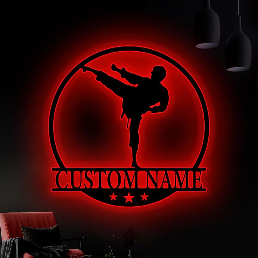 Custom Boy Karate Martial Arts Metal Wall Art LED Light Personalized Man Karate Name Sign Karate Sign Martial Arts Decoration Xmas Gift