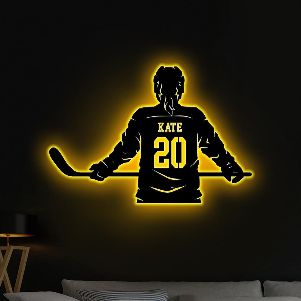 Custom Metal Girl Hockey Sign LED Light, Personalized Hockey Name & Number Hockey Metal Wall Art, Hockey Player Gifts,Gift For her,Xmas Gift