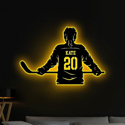 Custom Metal Girl Hockey Sign LED Light, Personalized Hockey Name & Number Hockey Metal Wall Art, Hockey Player Gifts,Gift For her,Xmas Gift